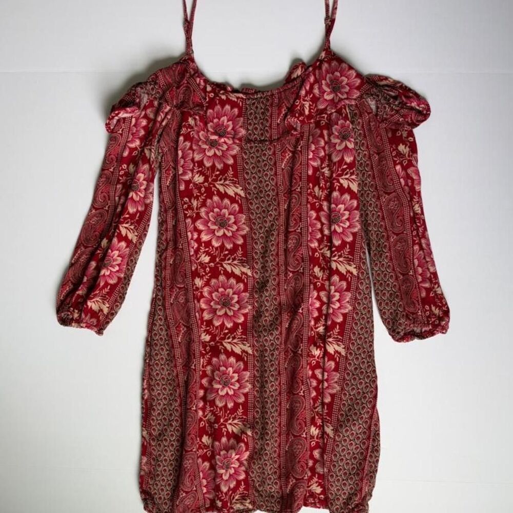 Hollister boho red & pink floral cold-shoulder long sleeve mini dress